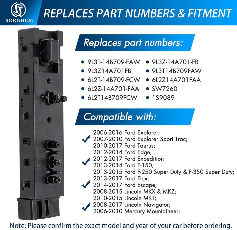 Sorghum Power Seat Switch - Front Left Driver Side Adjustment Switch Control 10 Ways Compatible with 2016-2017 Ford F150 F250 F350 Lincoln MKZ MKX 12 Pins Replace# 9L3T-14B709-FAW 9L3Z-14A701-FB - Image 4